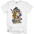 White t-shirt with surrealist graphic of a statue head with a cat and landscape inside, text reads "REALITY NEEDS A BREAK."