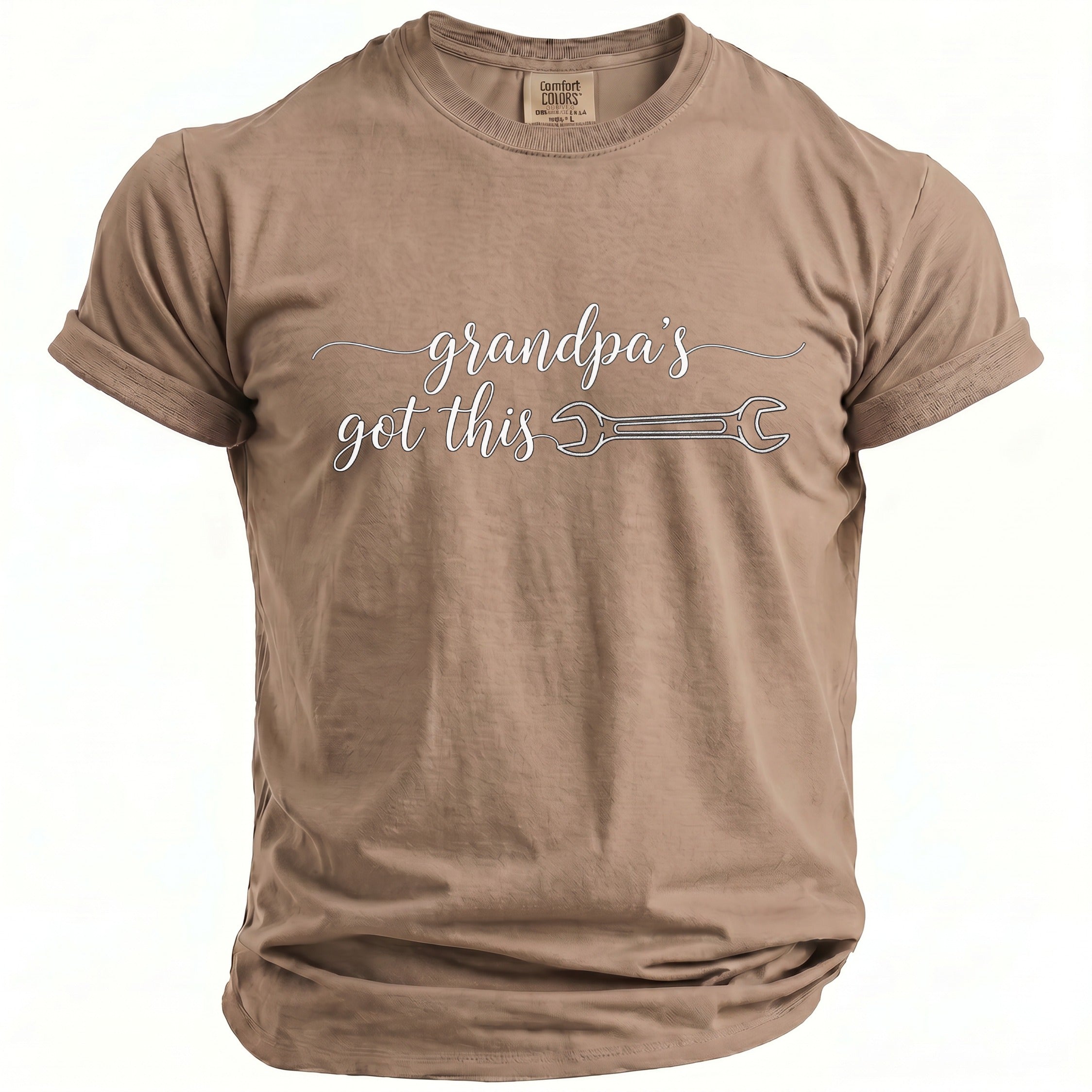 T-shirt with "grandpa's got this" and a wrench graphic.