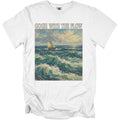 White t-shirt with "GOGH WITH THE FLOW" text above a painting of a sailboat on choppy seas.