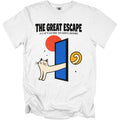 White t-shirt with "THE GREAT ESCAPE" and "A CAT'S GUIDE TO OPEN DOORS" text and cat graphic.