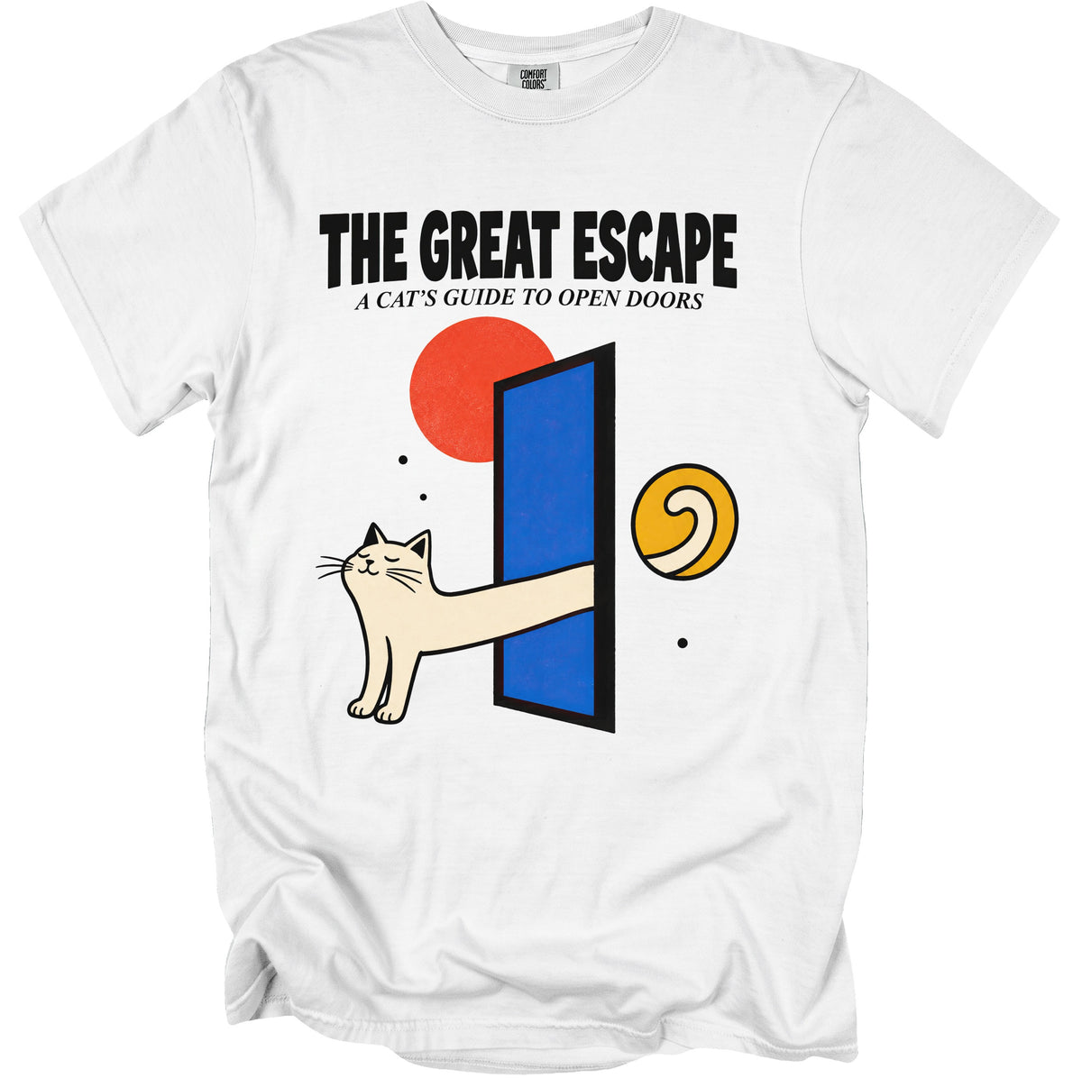 White t-shirt with "THE GREAT ESCAPE" and "A CAT'S GUIDE TO OPEN DOORS" text and cat graphic.