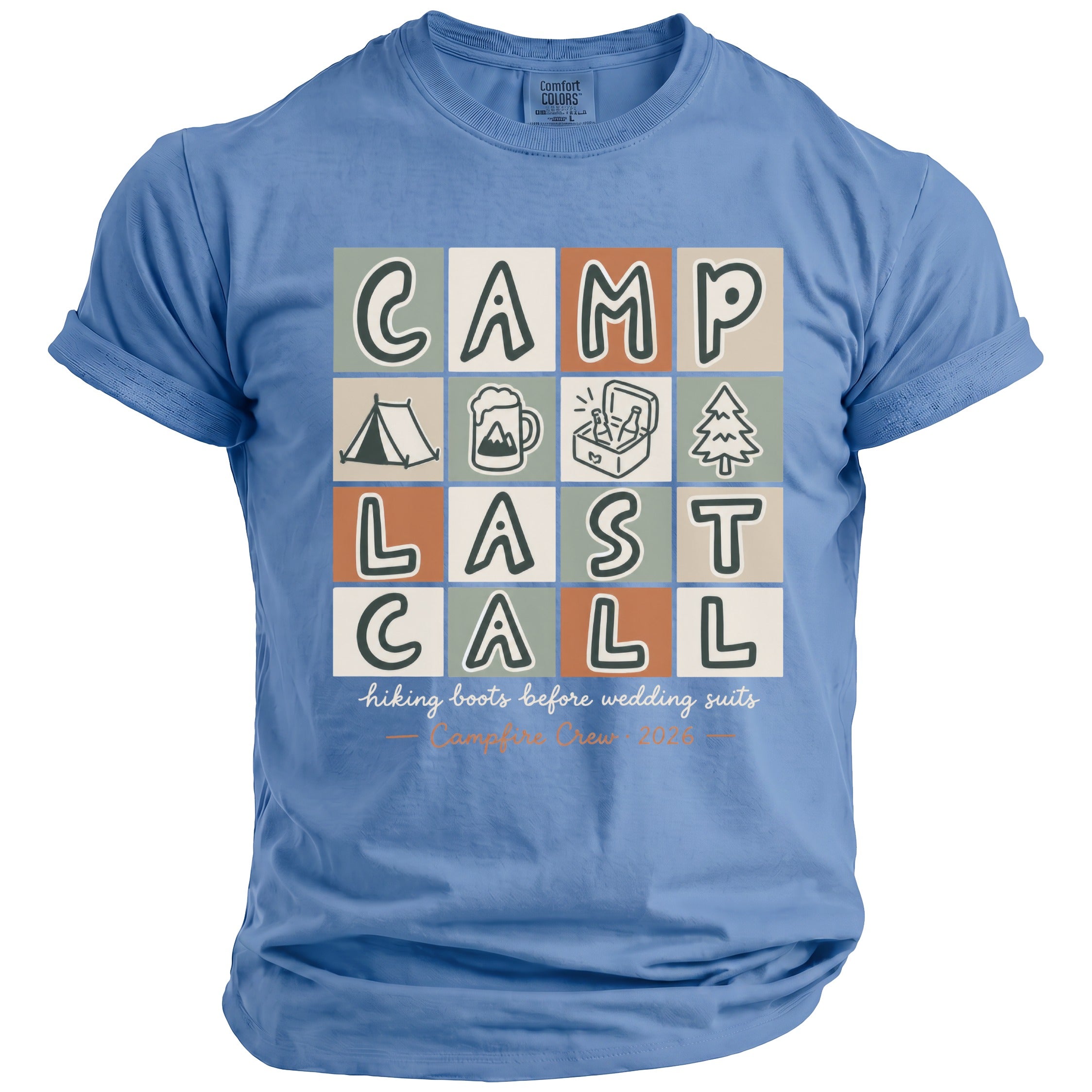 Blue t-shirt with "CAMP LAST CALL" design and camping graphics.