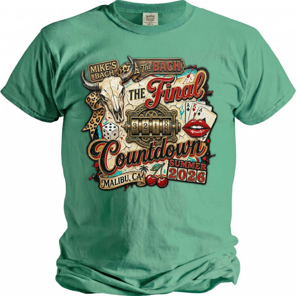 Green t-shirt with "Mike's Bach" and "The Bach Final Countdown" design elements.