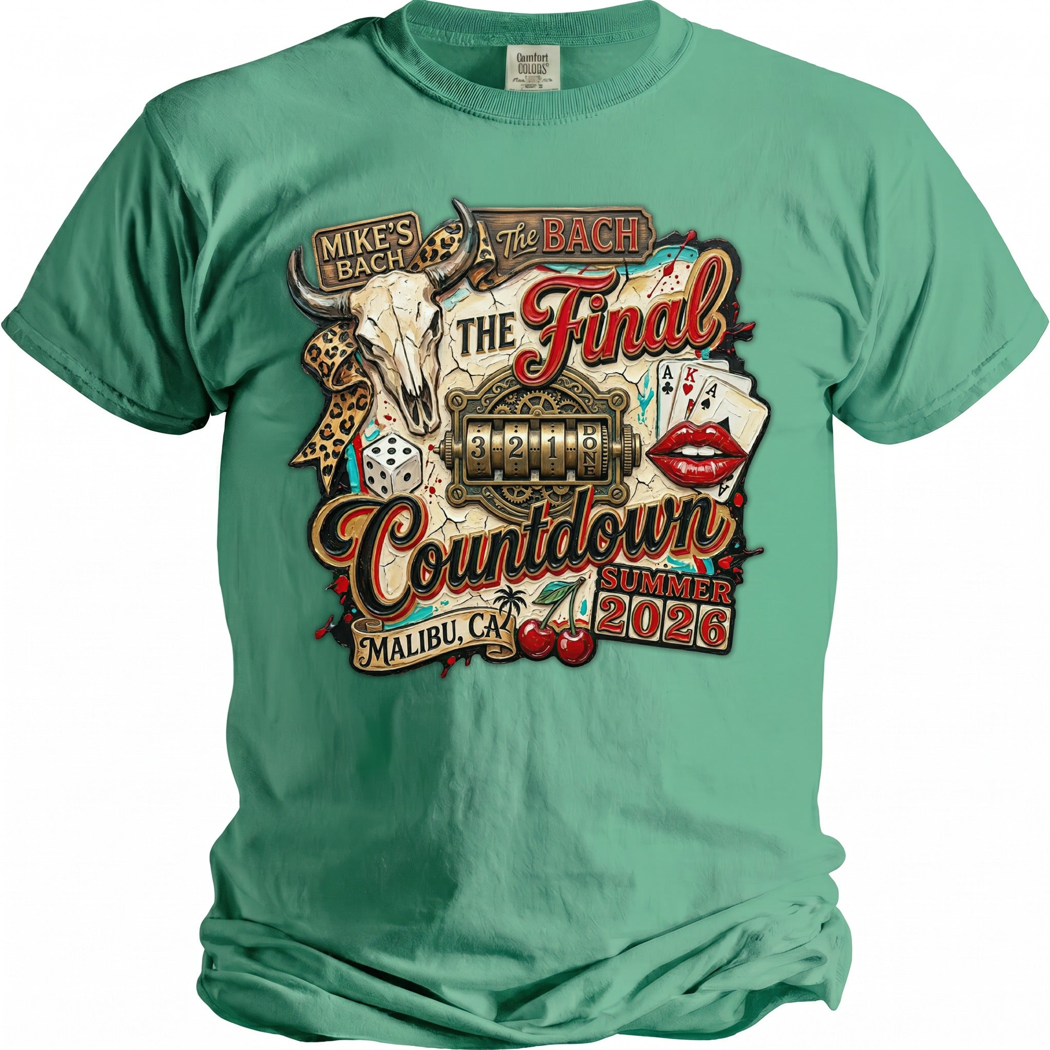 Green t-shirt with "Mike's Bach" and "The Bach Final Countdown" design elements.
