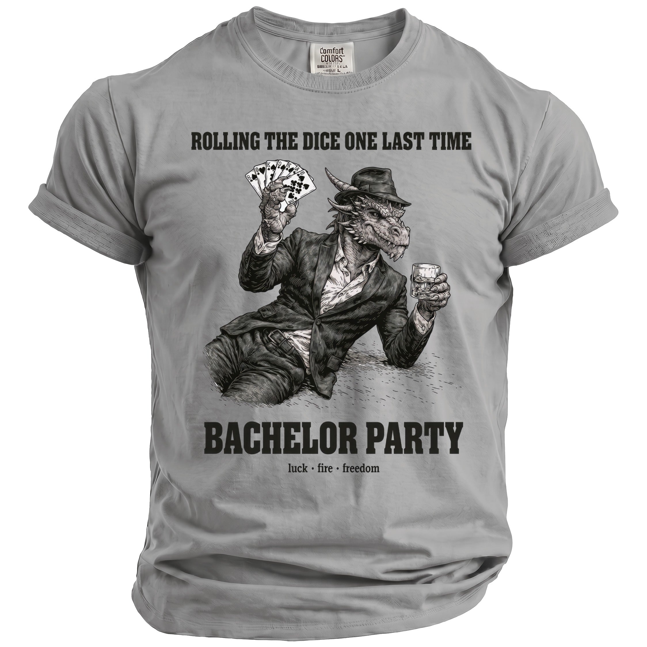 Grey t-shirt graphic of a dragon with a hat holding cards and drink, reads "Bachelor Party".