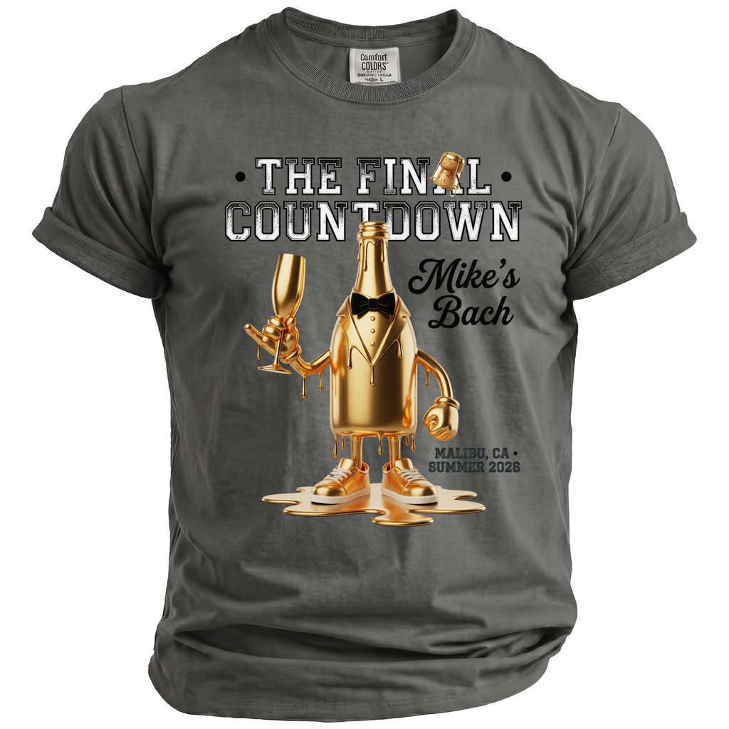 Grey t-shirt with "The Final Countdown" and a champagne bottle for "Mike's Bach."