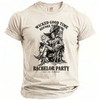 T-shirt graphic: man on throne with ring, black cat, and text "Wicked Good Time Before the Ring Bachelor Party".