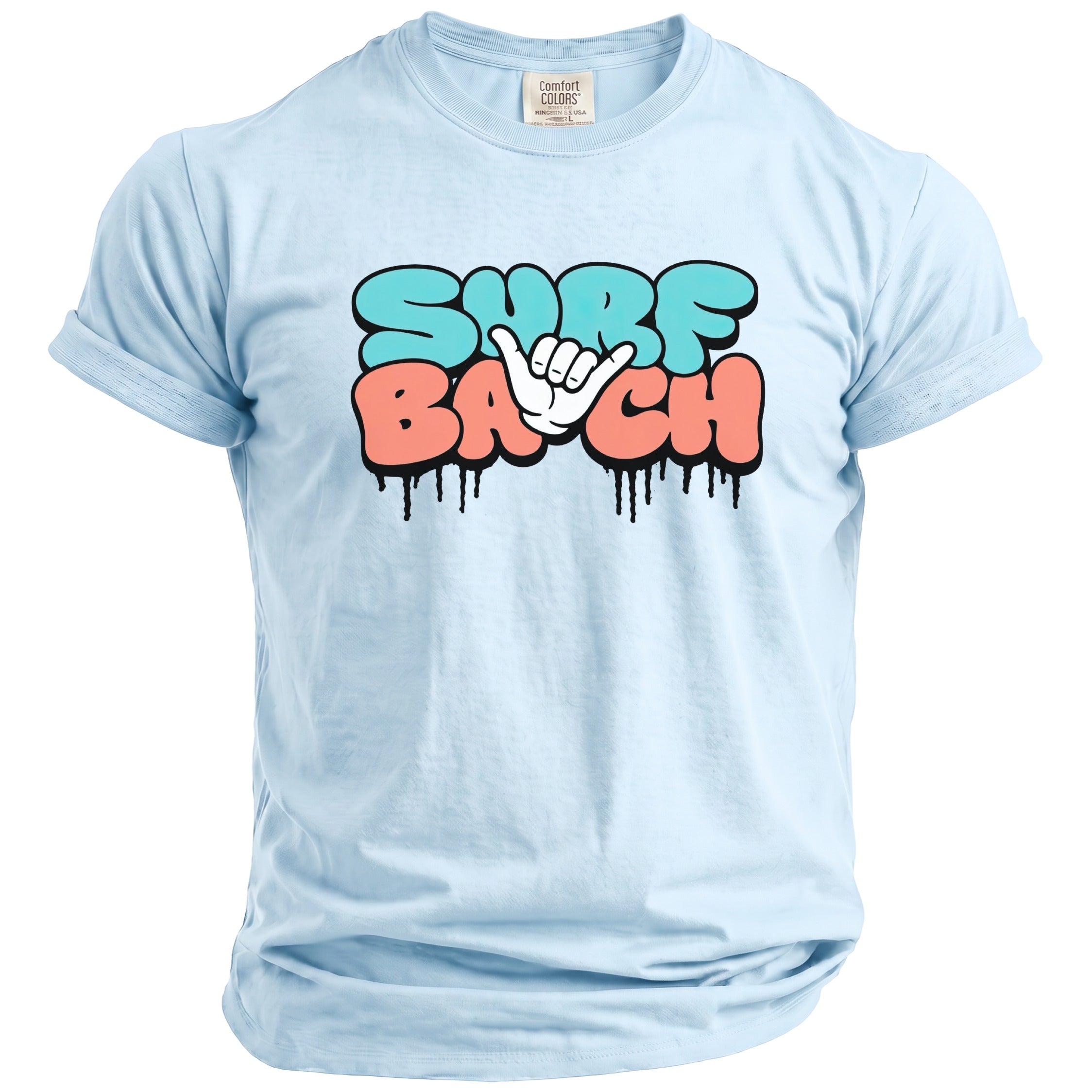 Light blue t-shirt with "Surf Bach" text and hang loose hand symbol graphic.