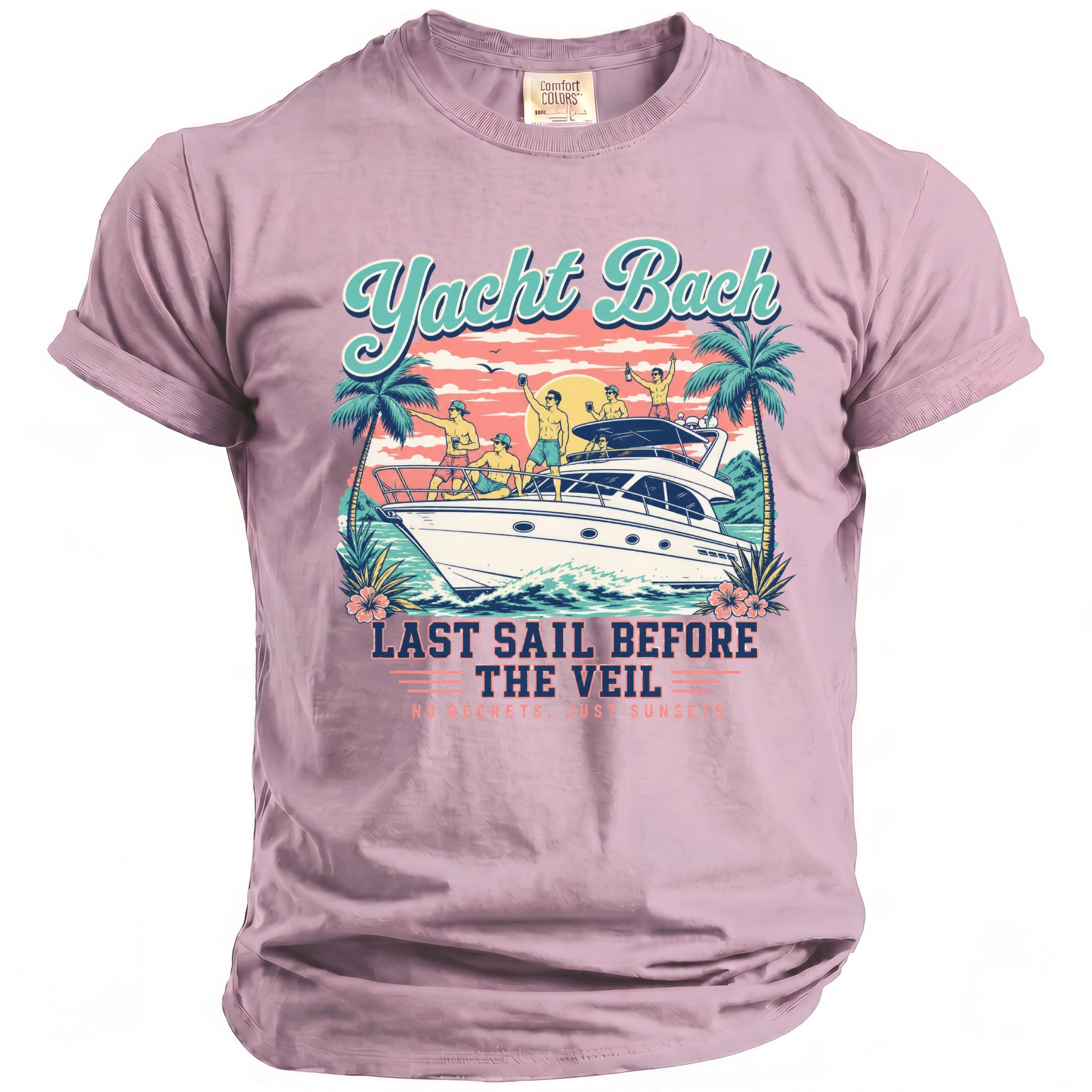A mauve crewneck t-shirt featuring a retro graphic of men partying on a yacht at sunset, with text reading Yacht Bach Last Sail Before The Veil.