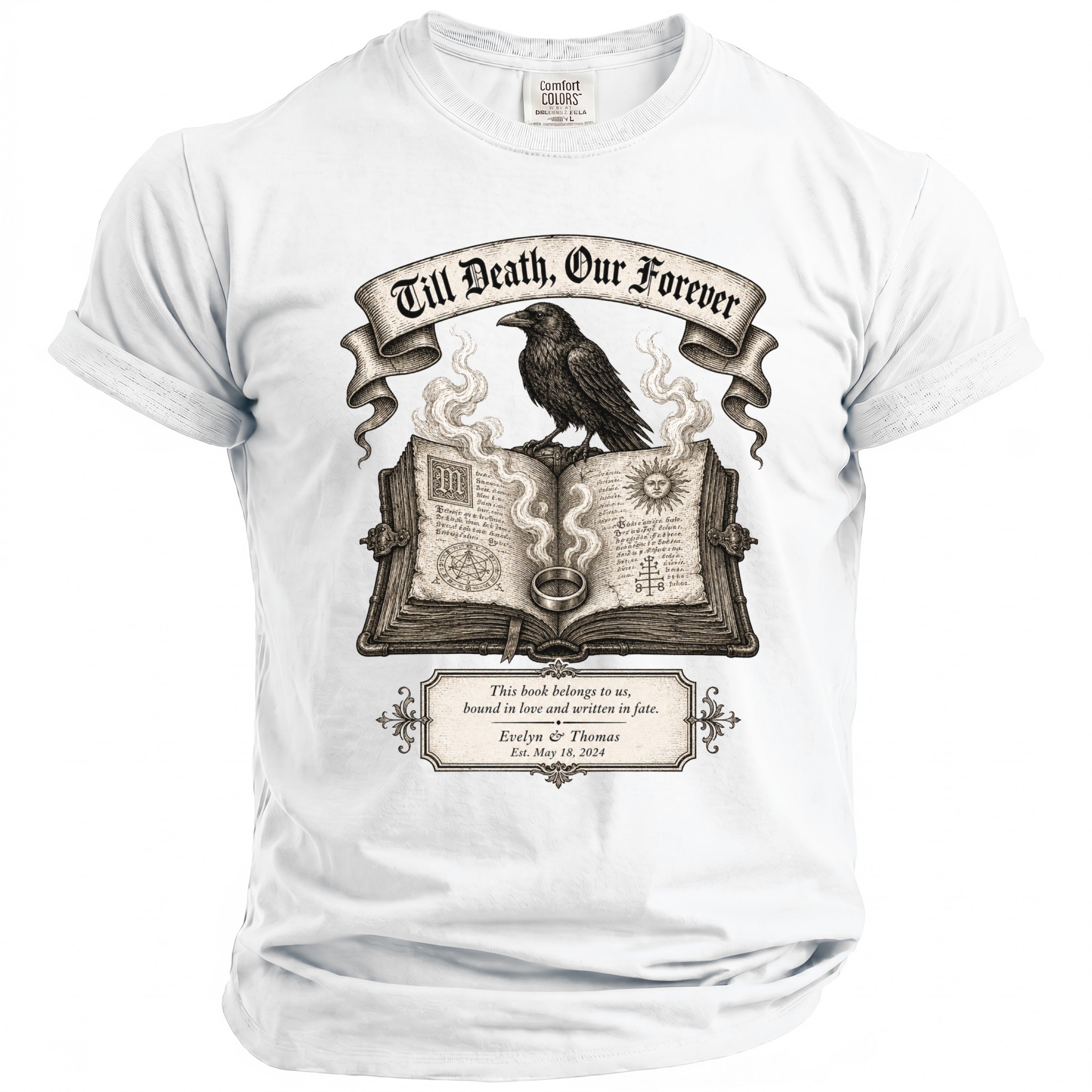 White t-shirt with a raven on an open book, "Till Death, Our Forever".