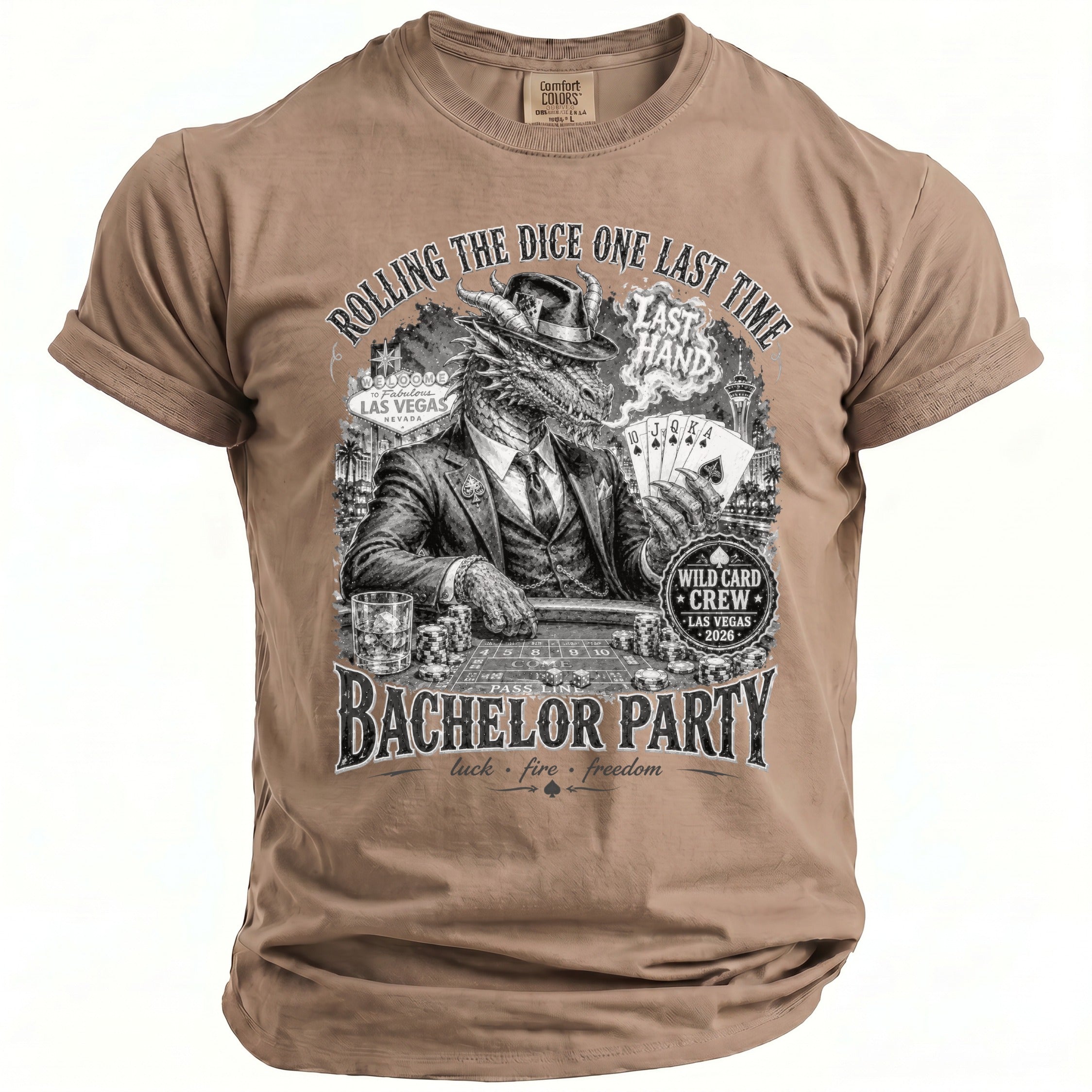 T-shirt graphic of a dragon in a suit playing poker on a bachelor party in Las Vegas.