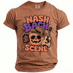Brown Comfort Colors t-shirt with "NASH BACH SCENE" text and a pumpkin with a cowboy hat.
