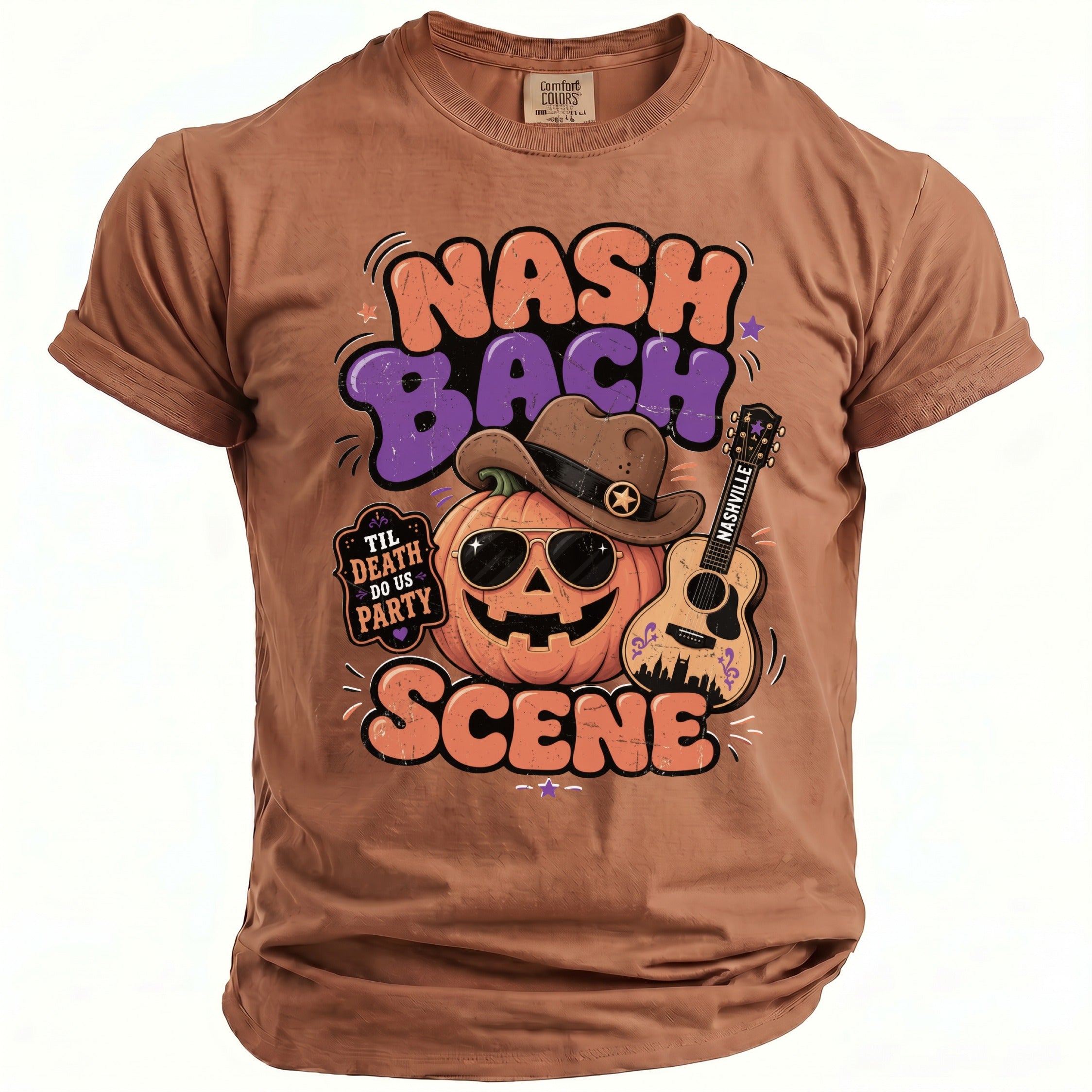 Brown Comfort Colors t-shirt with "NASH BACH SCENE" text and a pumpkin with a cowboy hat.