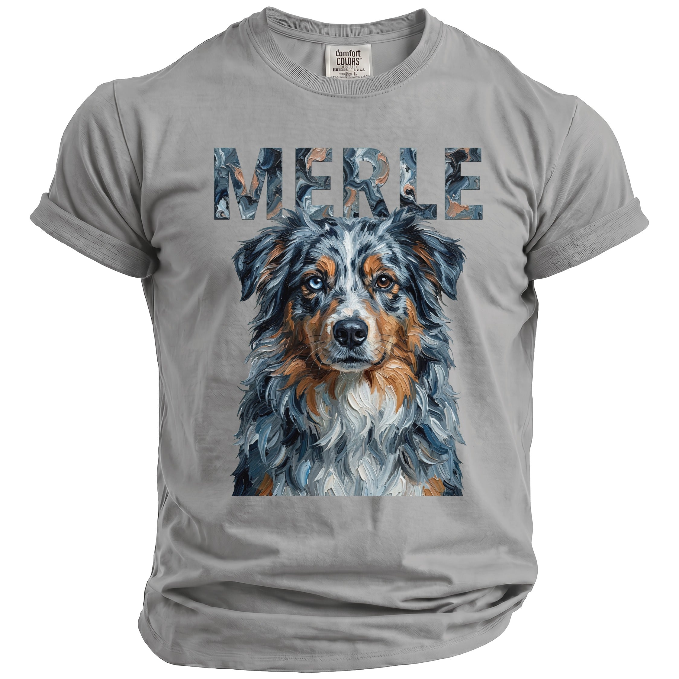 Grey t-shirt with "MERLE" text and a painted Australian Shepherd dog portrait.
