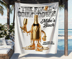 "The Final Countdown" tapestry featuring a gold bottle character, personalized for "Mike's Bach."