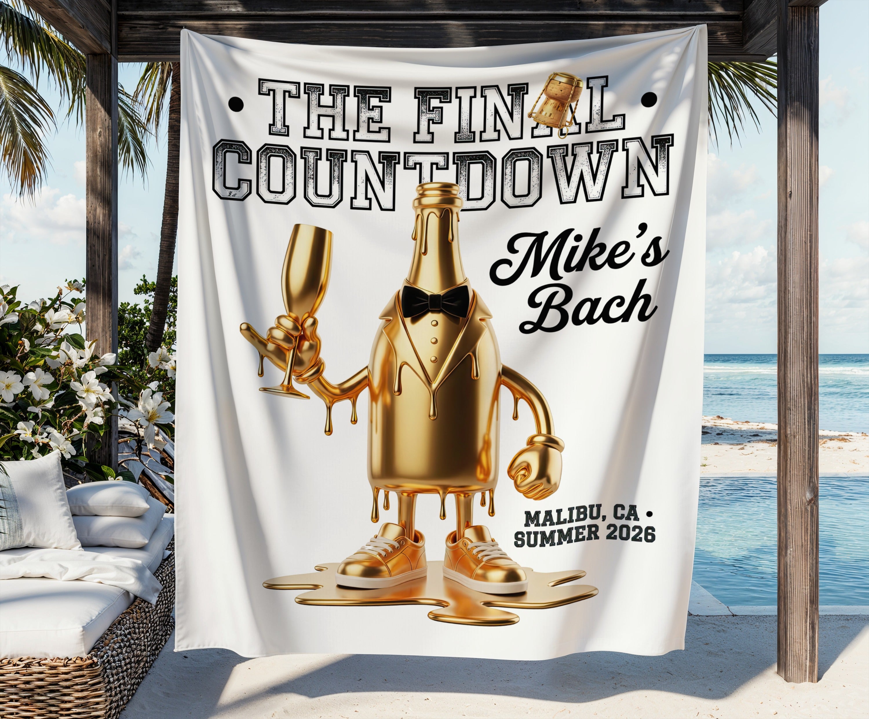 "The Final Countdown" tapestry featuring a gold bottle character, personalized for "Mike's Bach."
