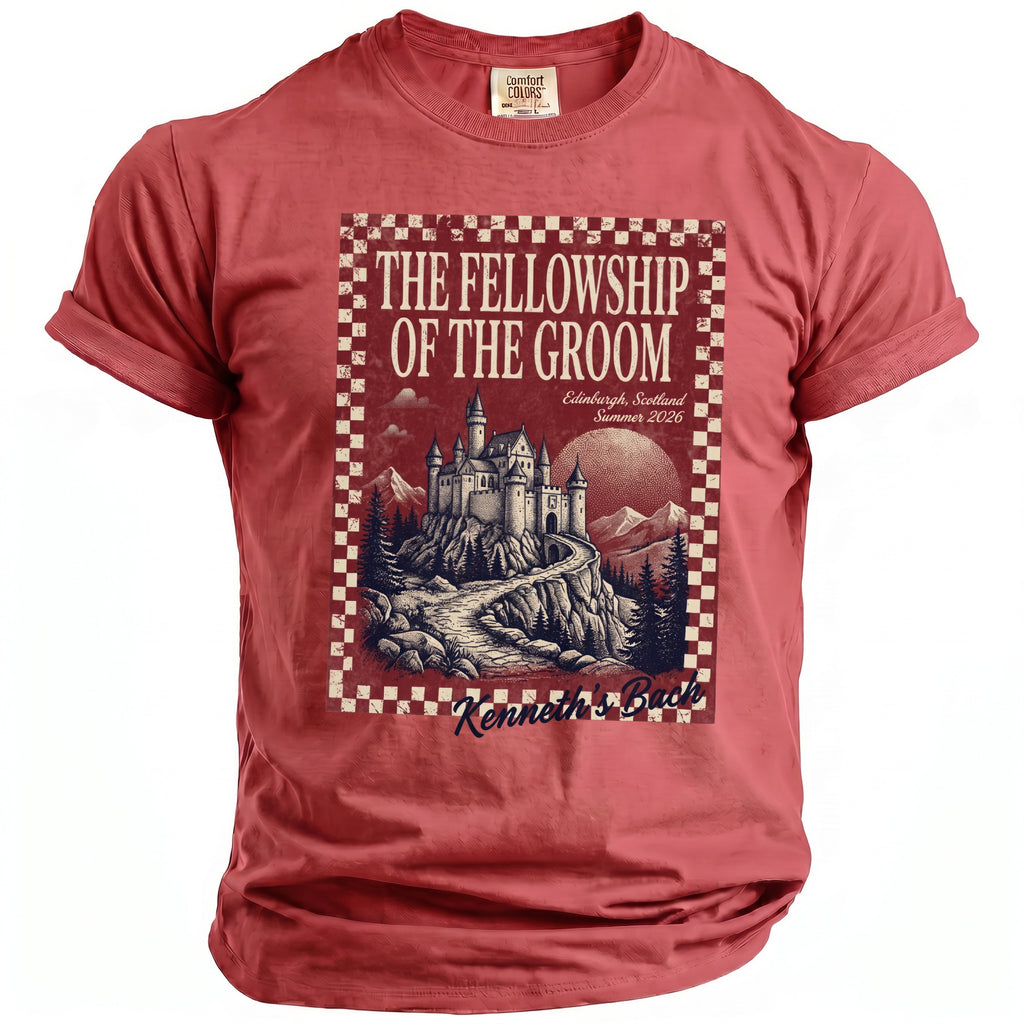 T-shirt graphic: The Fellowship of the Groom, Edinburgh, Scotland, Summer 2026, Kenneth's Buck.