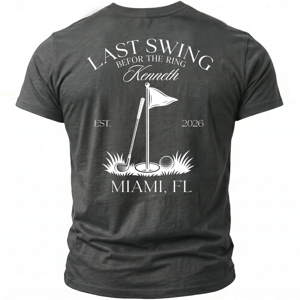 T-shirt with "LAST SWING BEFOR THE RING Kenneth" and golf imagery.