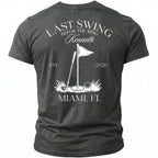 T-shirt with "LAST SWING BEFOR THE RING Kenneth" and golf imagery.