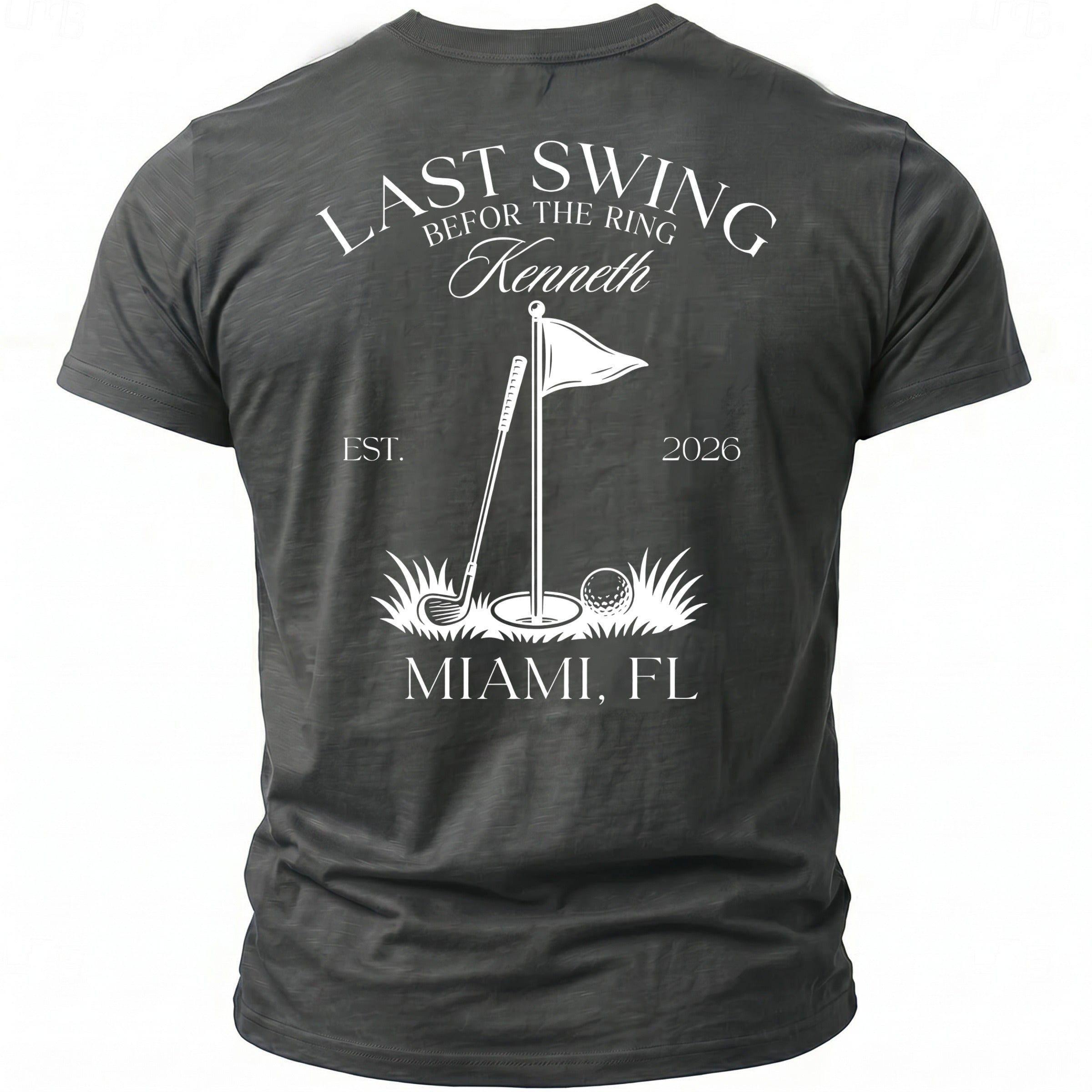 T-shirt with "LAST SWING BEFOR THE RING Kenneth" and golf imagery.