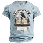 Light blue t-shirt with raven on open book; "Till Death, Our Forever" and "Evelyn & Thomas Est. May 18, 2024".