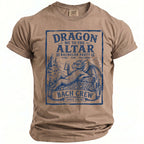 Taupe t-shirt with blue graphic: "Dragon Me to the Altar Bachelor Party Bach Crew Since [Year]".