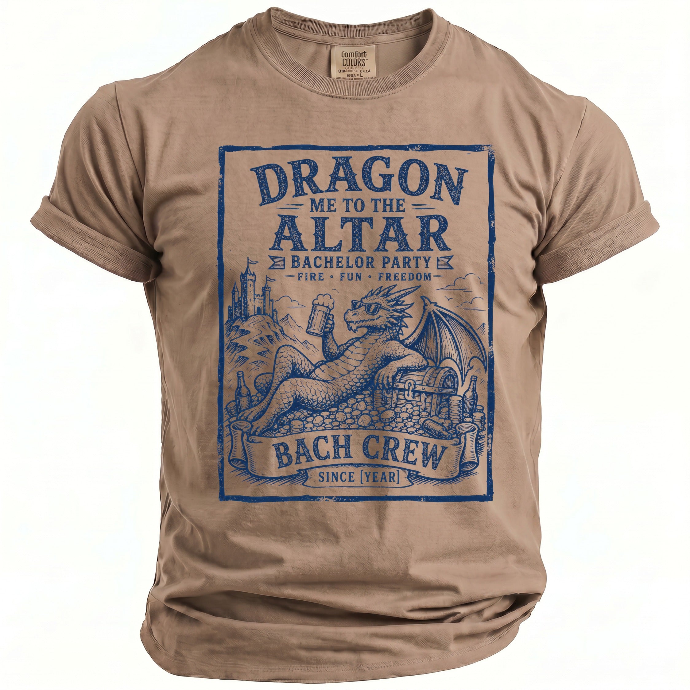 Taupe t-shirt with blue graphic: "Dragon Me to the Altar Bachelor Party Bach Crew Since [Year]".