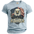 T-shirt with eagle, American flag, and text "Red, White & I Do Alex's Bachelor Party".