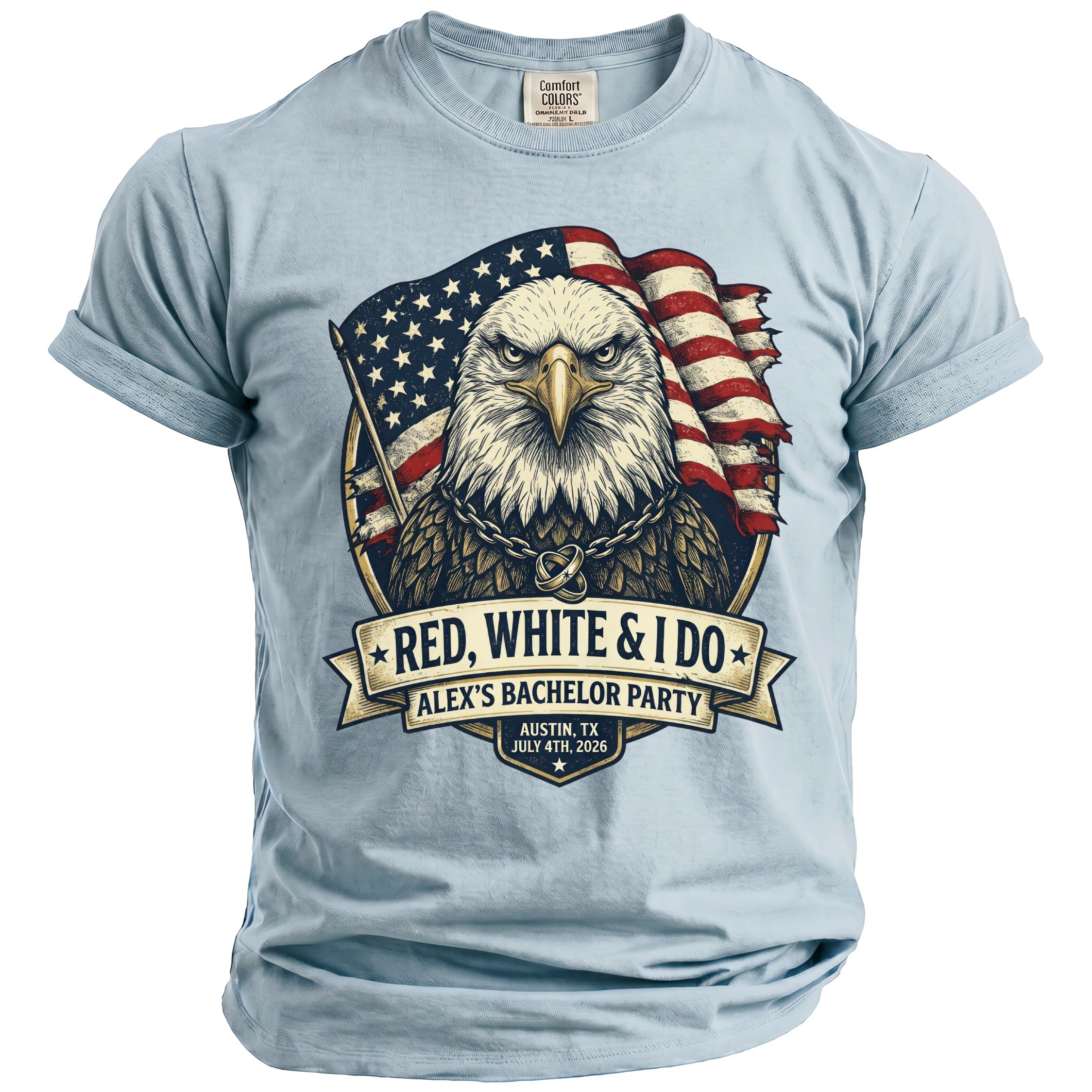 T-shirt with eagle, American flag, and text "Red, White & I Do Alex's Bachelor Party".