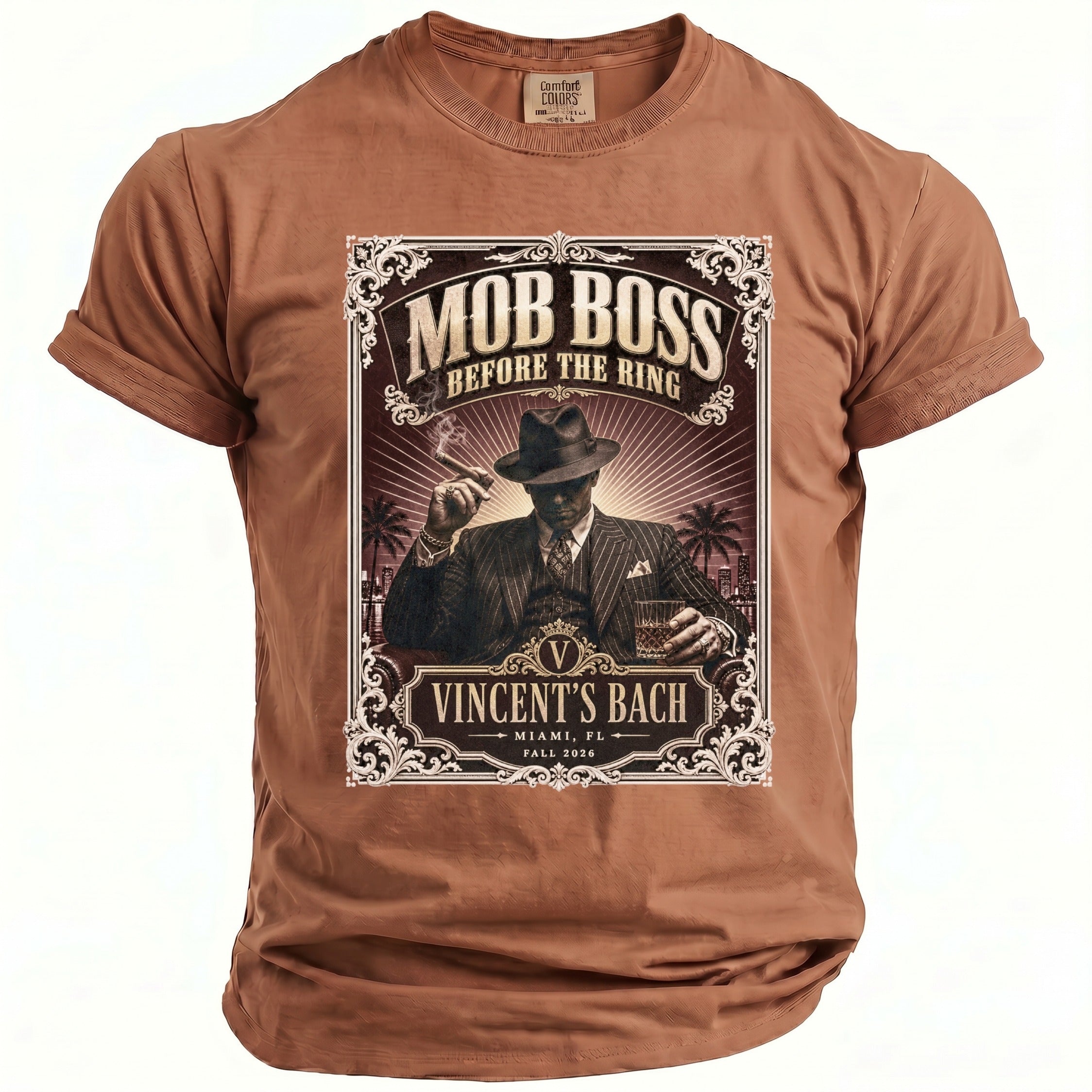 Brown t-shirt with "Mob Boss Before The Ring" graphic featuring a man.