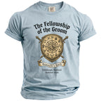 Light blue t-shirt with "The Fellowship of the Groom" and shield design.