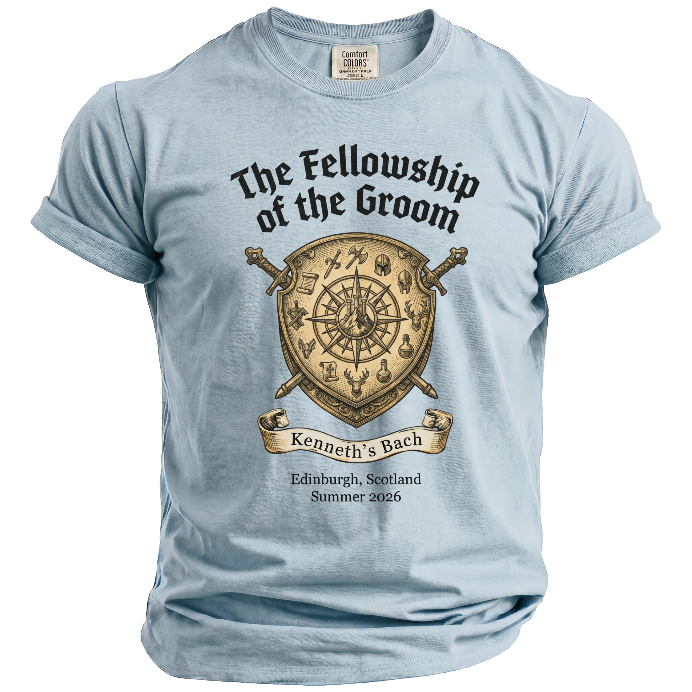 Light blue t-shirt with "The Fellowship of the Groom" and shield design.