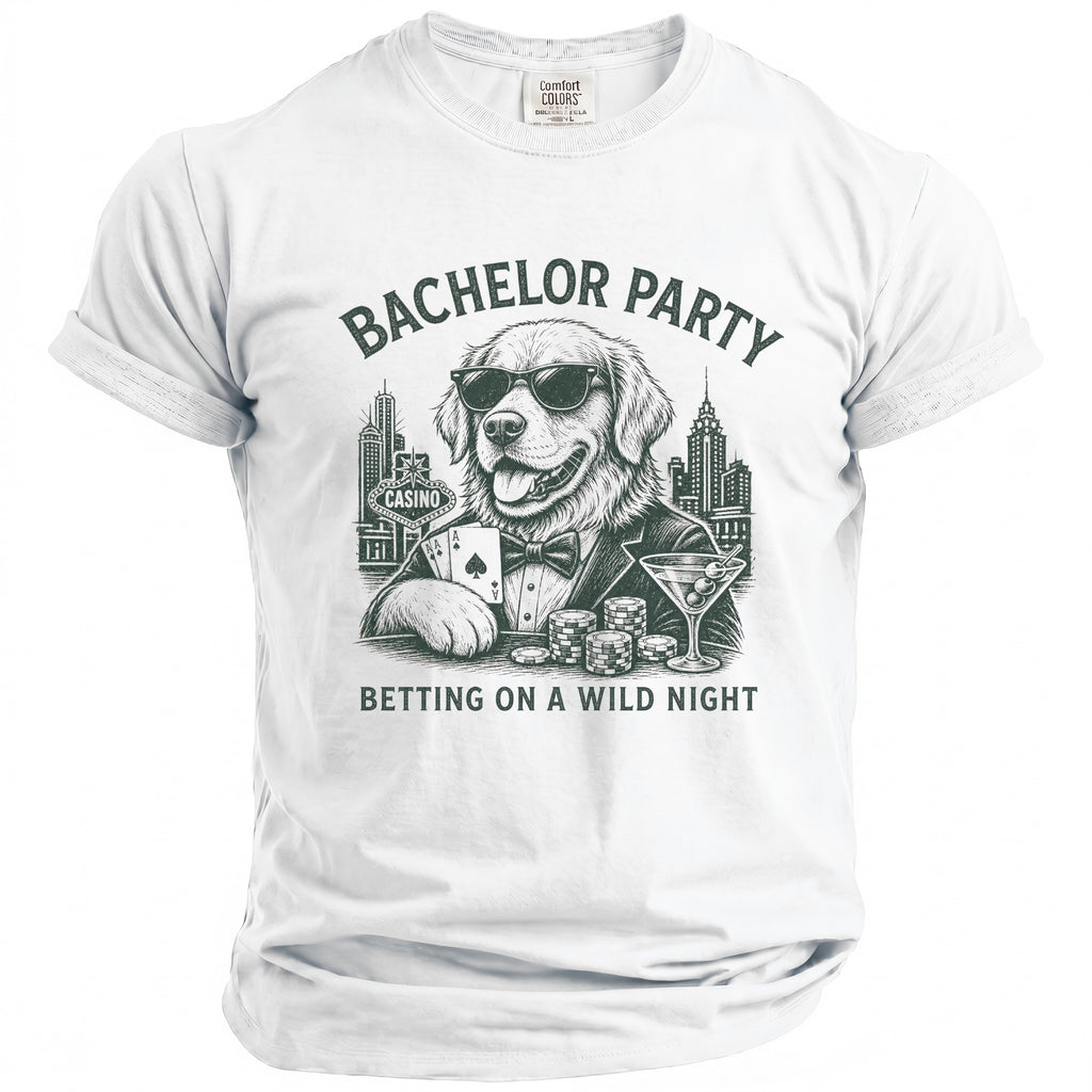 White t-shirt with graphic of dog in suit playing cards with text "Bachelor Party" and "Betting on a wild night".