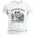 White t-shirt with graphic of dog in suit playing cards with text "Bachelor Party" and "Betting on a wild night".