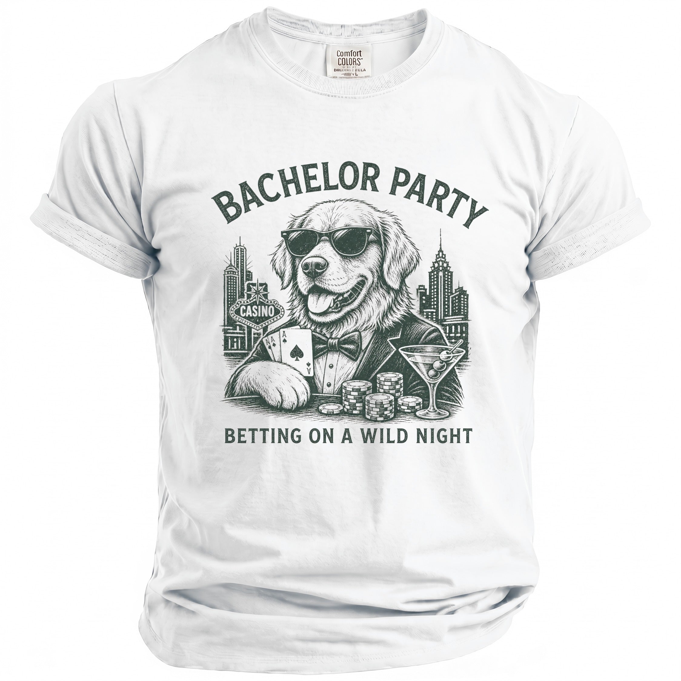 White t-shirt with graphic of dog in suit playing cards with text "Bachelor Party" and "Betting on a wild night".