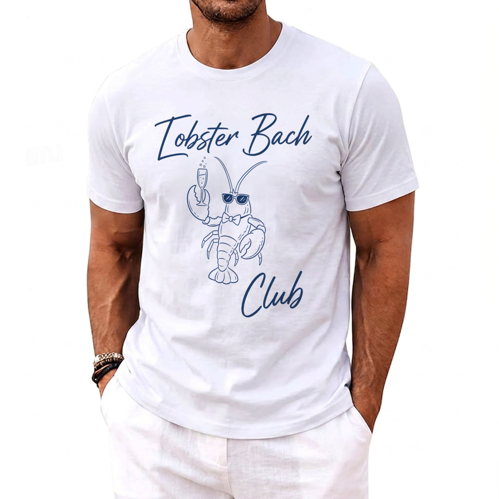 White t-shirt with navy text "Lobster Bach Club" and a cartoon lobster.