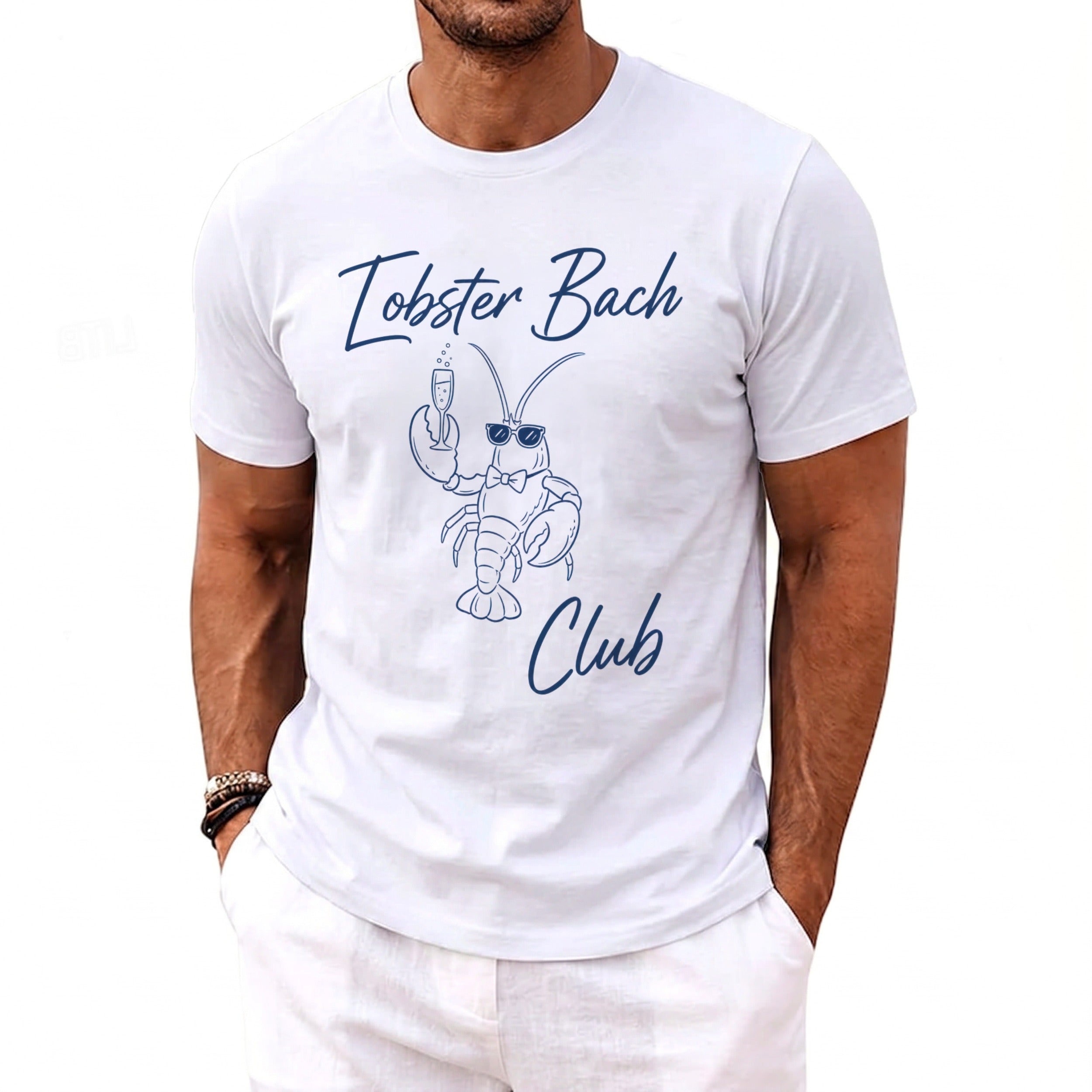 White t-shirt with navy text "Lobster Bach Club" and a cartoon lobster.