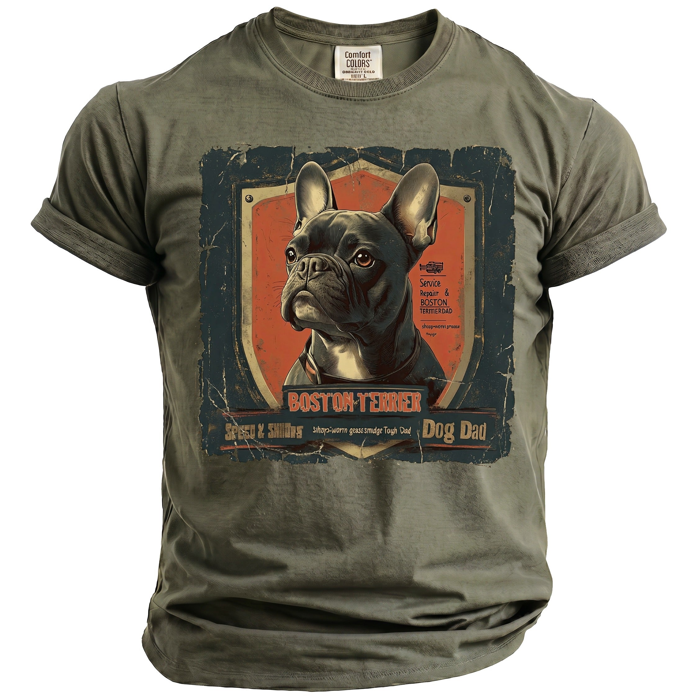 Olive t-shirt with distressed Boston Terrier graphic and text "Dog Dad".