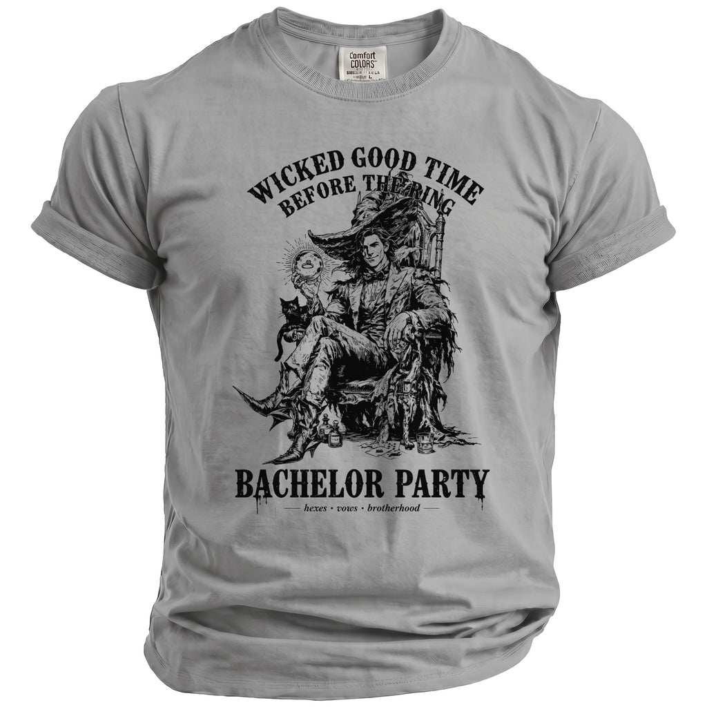 Grey t-shirt with "Wicked Good Time Before The Ring Bachelor Party" and graphic.