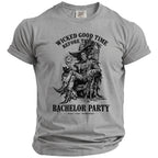 Grey t-shirt with "Wicked Good Time Before The Ring Bachelor Party" and graphic.