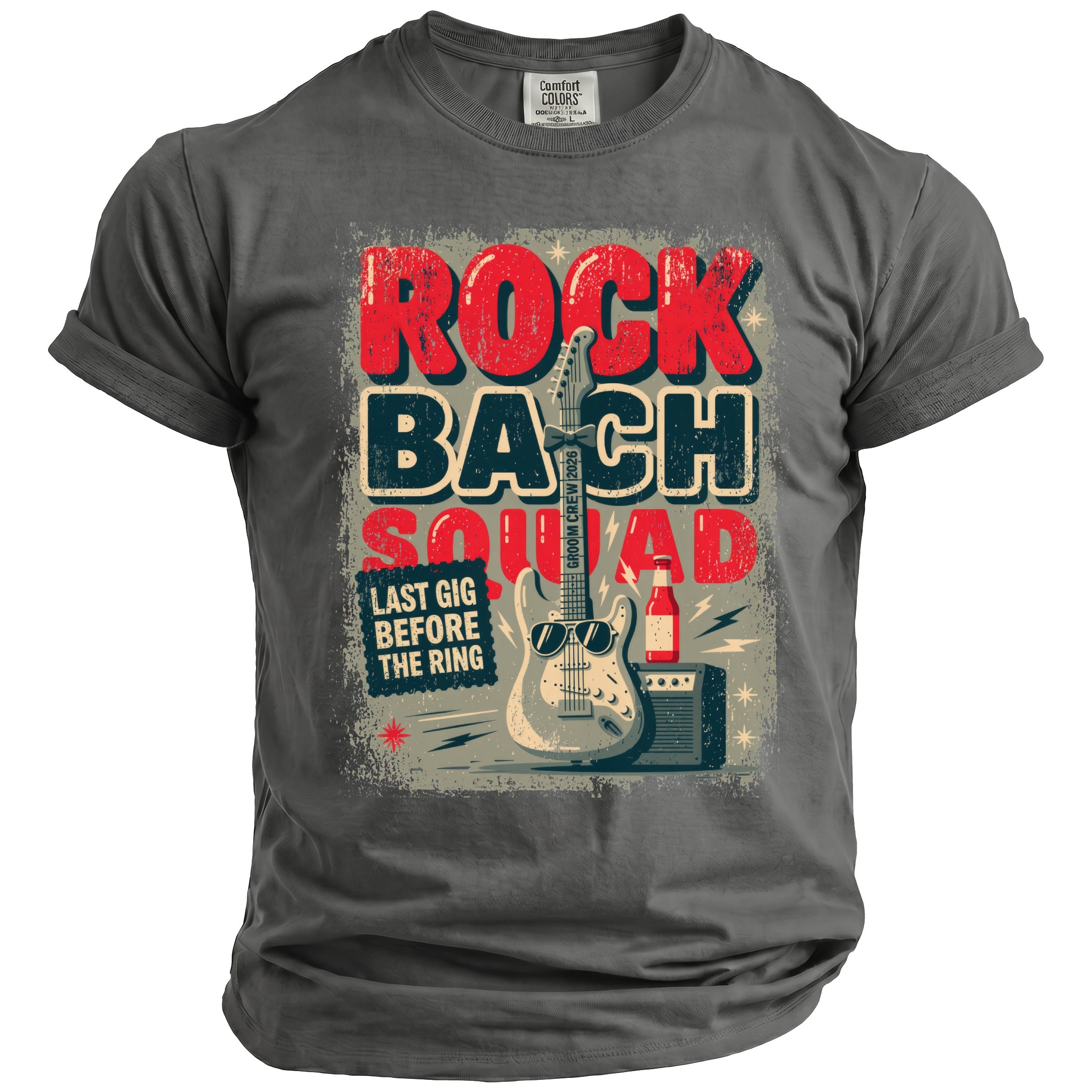 Grey t-shirt with "Rock Bach Squad", guitar, and beer graphic. "Last Gig Before the Ring".