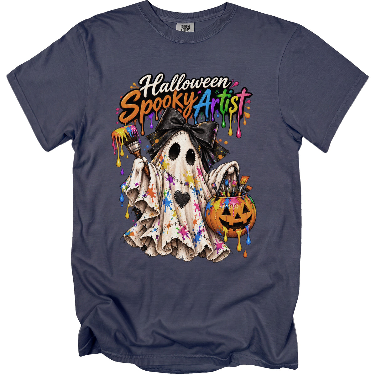 A painter ghost drips paint next to a pumpkin, with "Halloween Spooky Artist" text.