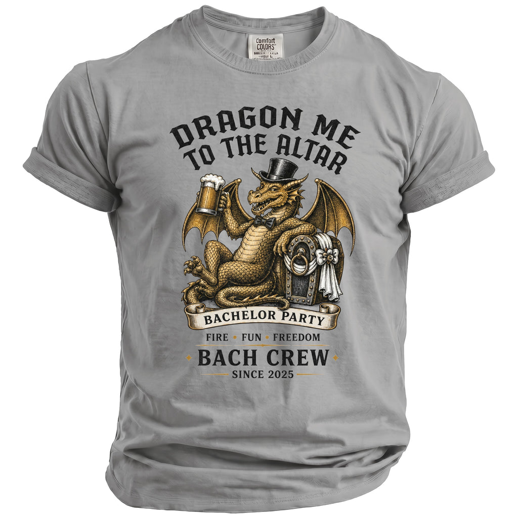 T-shirt with a dragon in a top hat holding a beer, with "Dragon Me to the Altar" and "Bachelor Party" text.