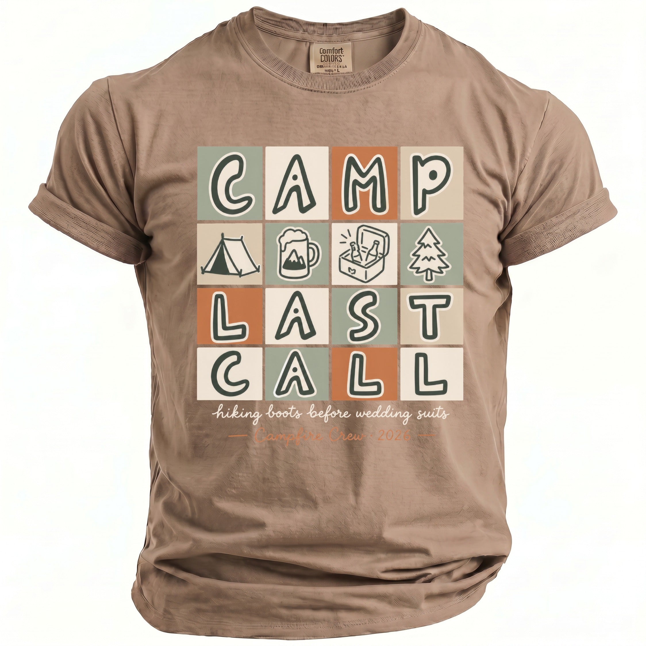 T-shirt with "CAMP LAST CALL" graphic featuring camping icons and text.