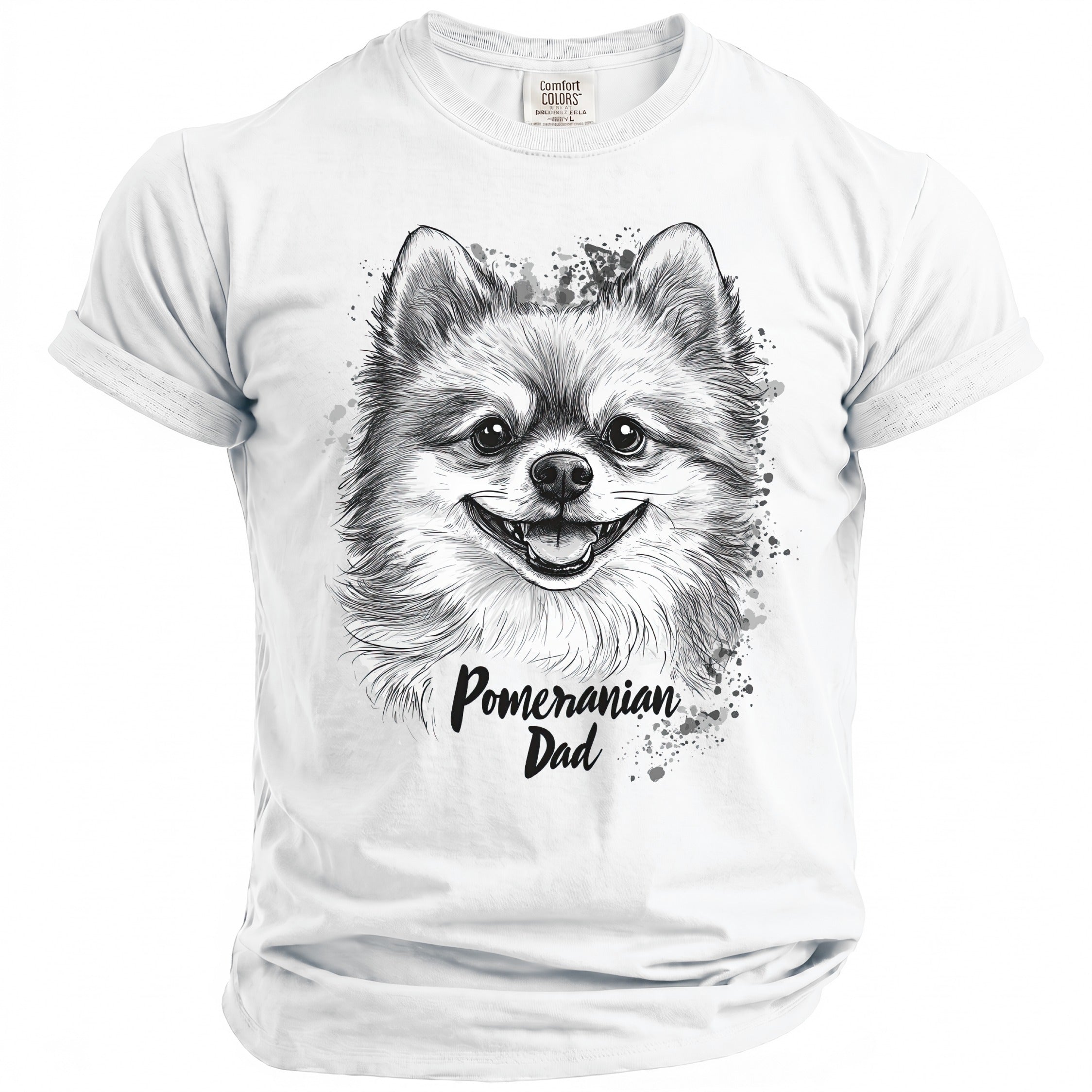 White t-shirt with a black sketch of a smiling Pomeranian and the text "Pomeranian Dad".