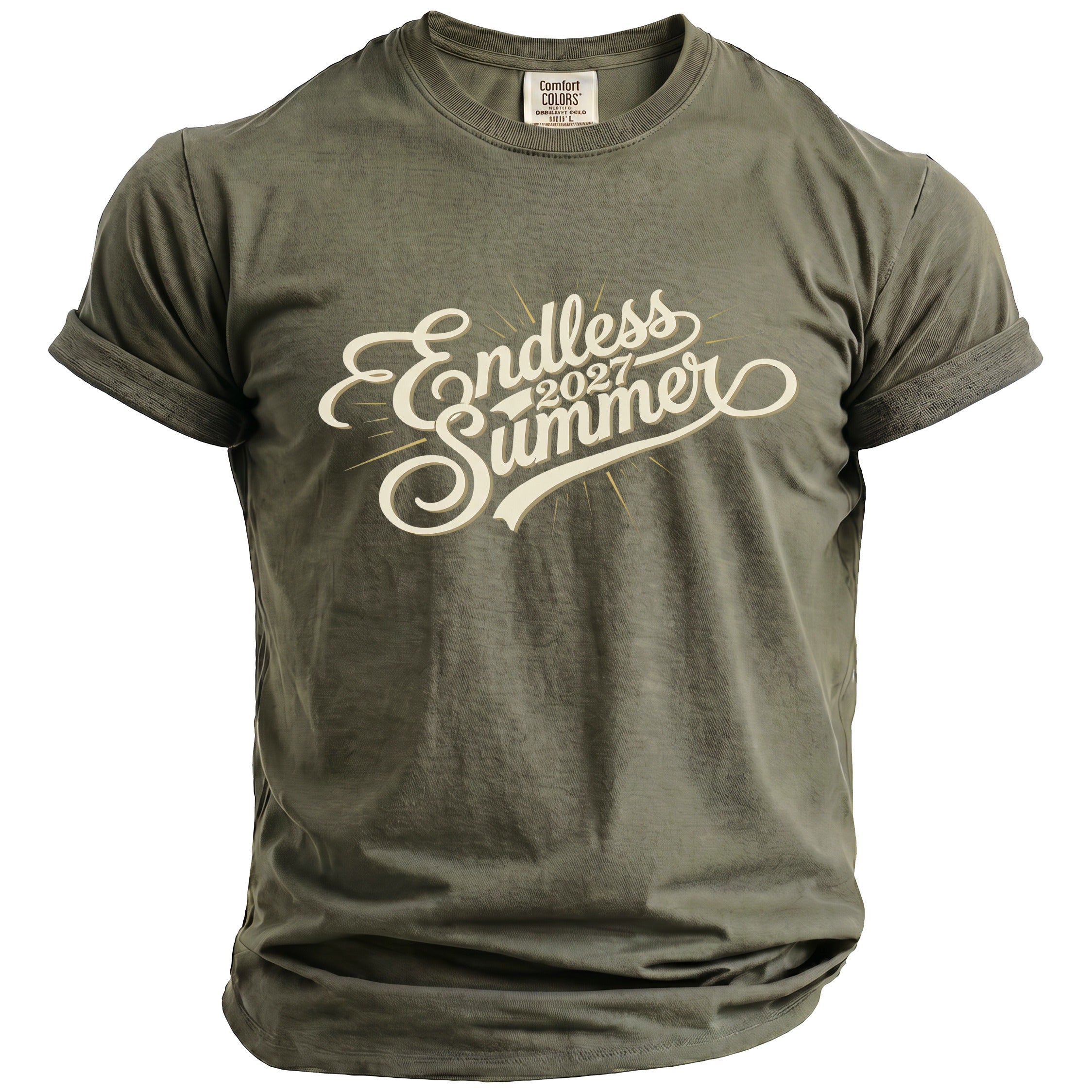 Olive green t-shirt with "Endless Summer 2027" graphic.
