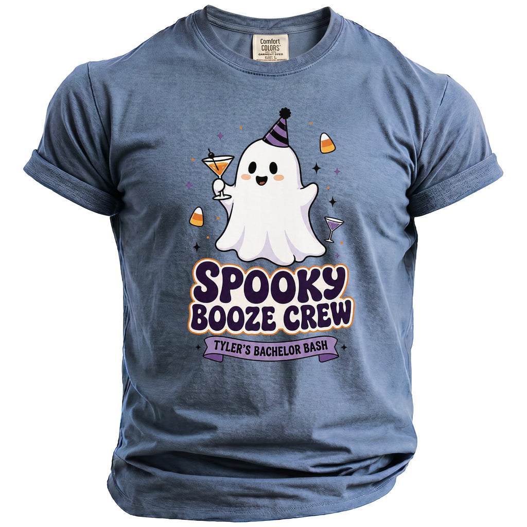 Blue t-shirt with spooky ghost holding a drink, text "Spooky Booze Crew Tyler's Bachelor Bash."