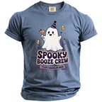 Blue t-shirt with spooky ghost holding a drink, text "Spooky Booze Crew Tyler's Bachelor Bash."