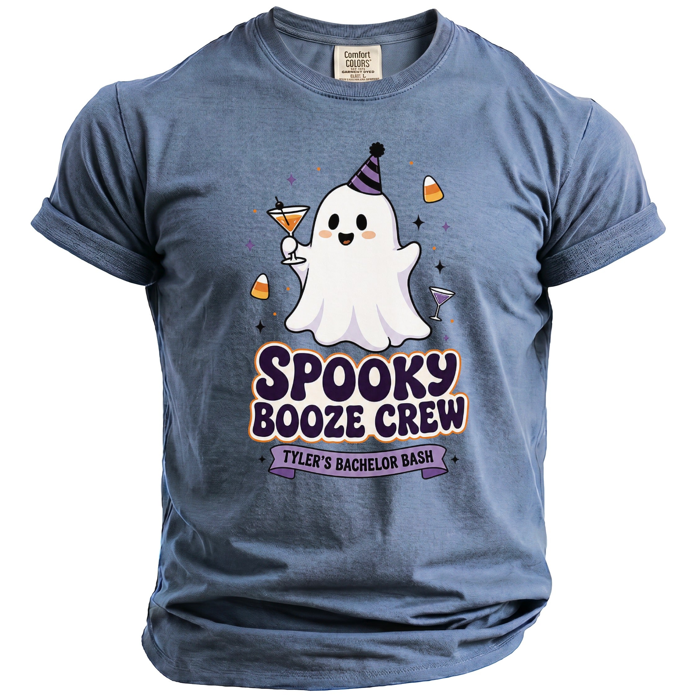 Blue t-shirt with spooky ghost holding a drink, text "Spooky Booze Crew Tyler's Bachelor Bash."