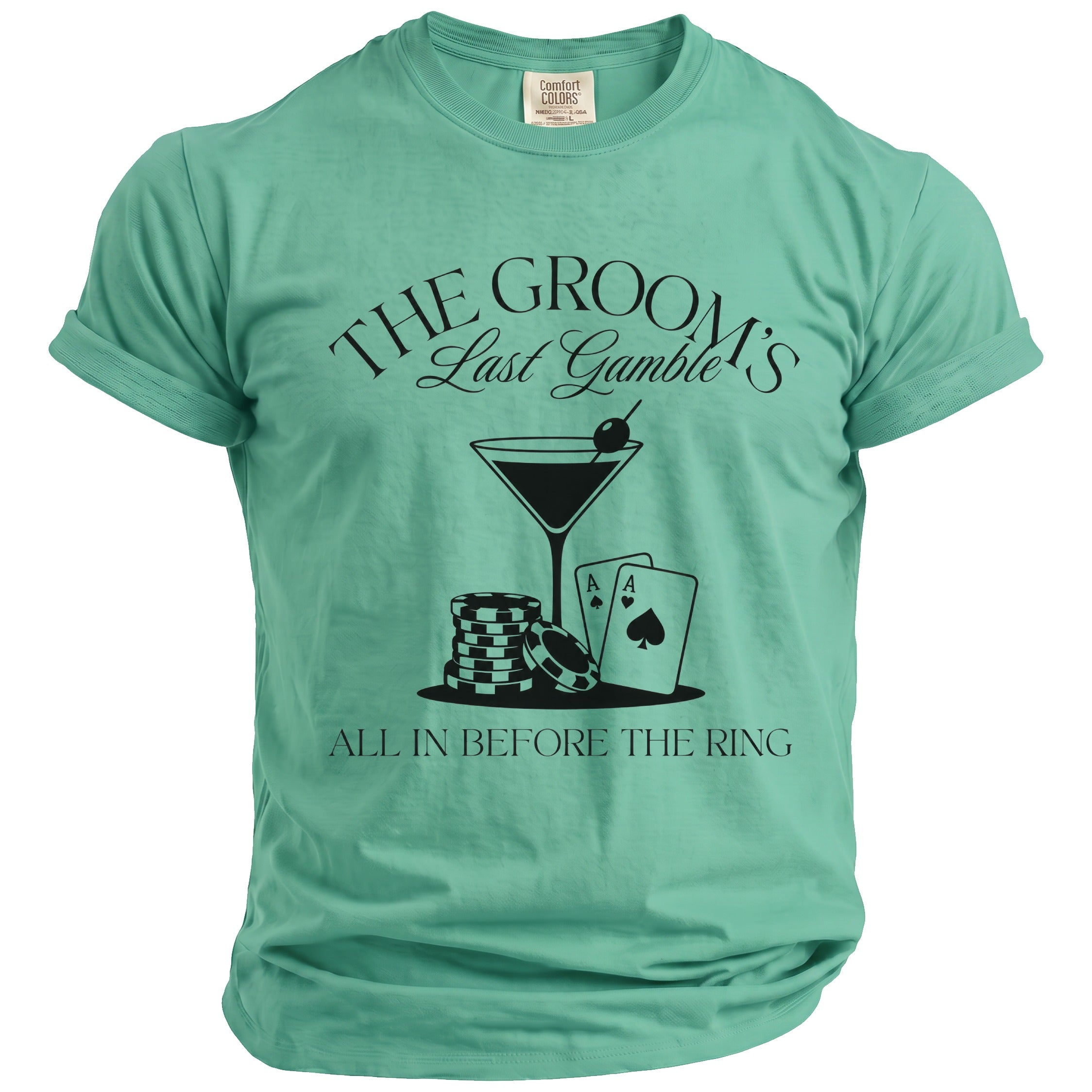 Green t-shirt with "The Groom's Last Gamble" and casino graphics.